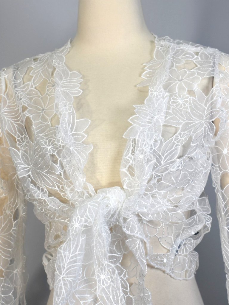 Lirika Matoshi White Floral Embroidered Organza Tie Front Blouse Top S — image 3 of 8